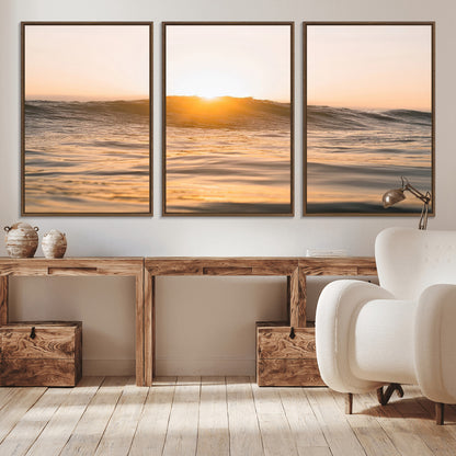 Ocean waves glowing under a warm golden sunset, reflecting soft light and calm movement, perfect for warm minimalist coastal interiors.