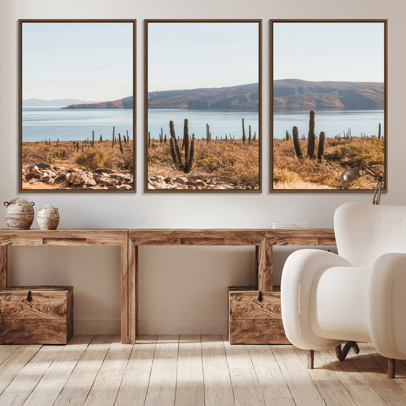Warm desert landscape with cacti and coastal mountains, perfect for southwestern or earthy calm-themed home wall decor.