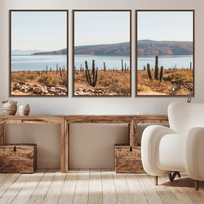 Warm desert landscape with cacti and coastal mountains, perfect for southwestern or earthy calm-themed home wall decor.