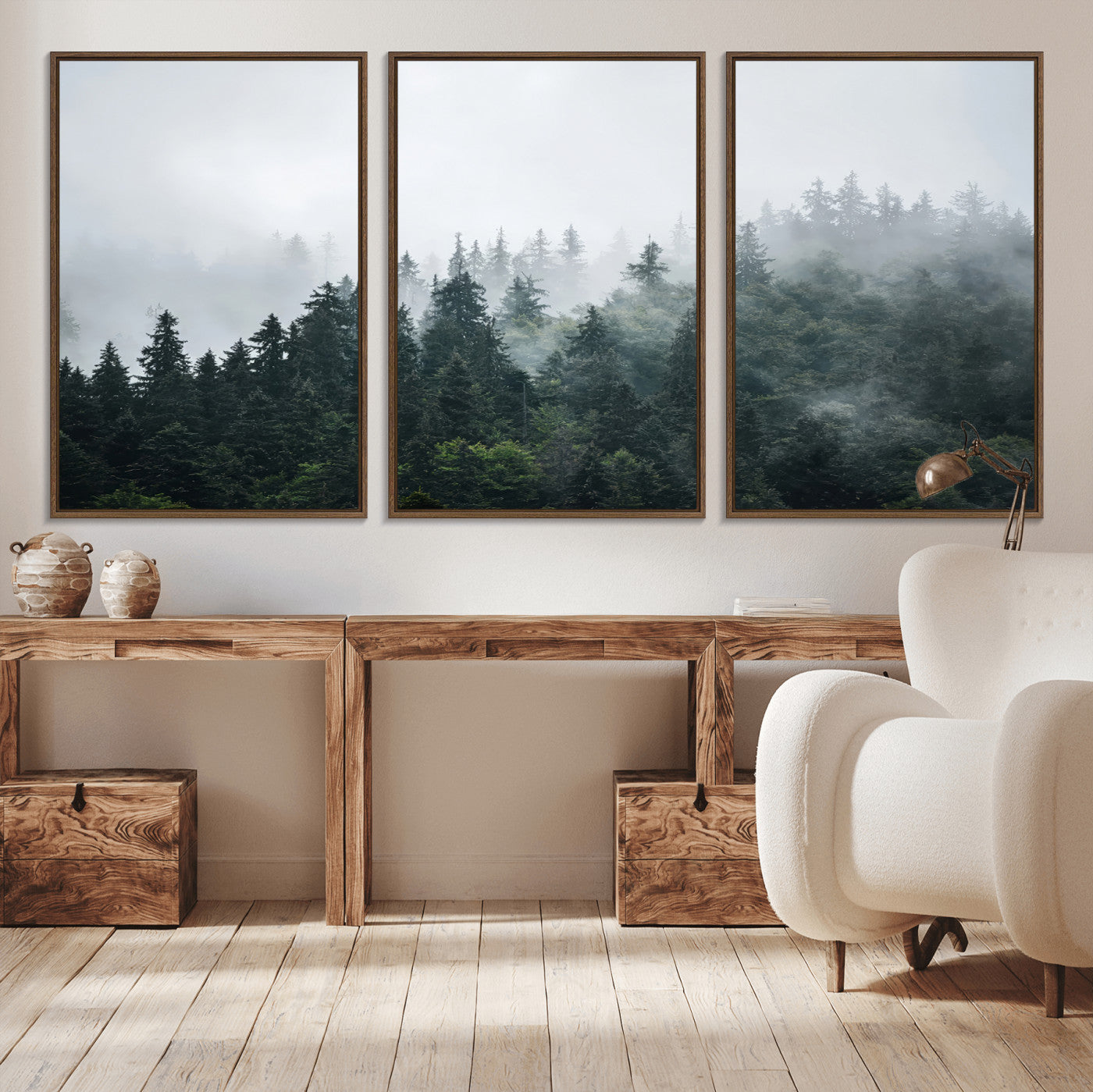 A misty evergreen forest shrouded in soft fog, creating a tranquil and moody landscape with lush green trees fading into the distance.