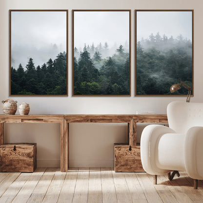 A misty evergreen forest shrouded in soft fog, creating a tranquil and moody landscape with lush green trees fading into the distance.