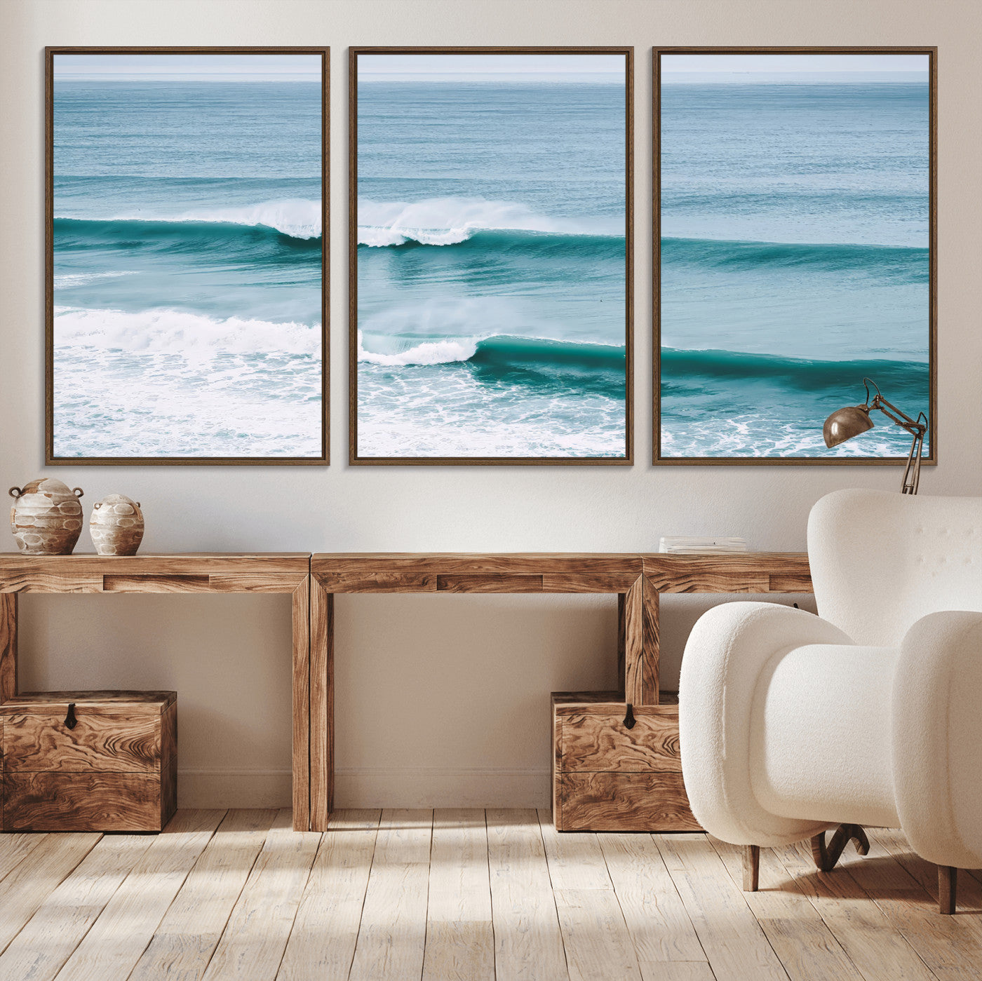 Powerful ocean waves rolling towards the shore, their turquoise hues blending with white sea foam under an open horizon, capturing the essence of the ocean's movement.