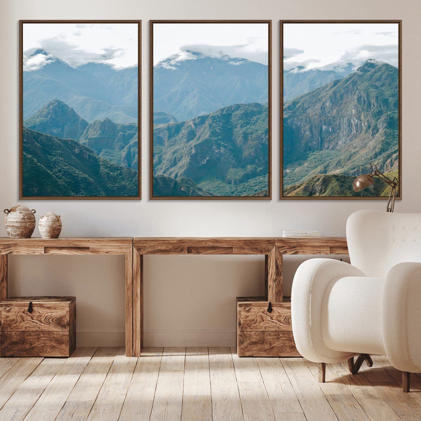 A misty mountain landscape with cloud-covered Andean peaks and lush green valleys, creating a dramatic and serene view, perfect for rustic or nature-inspired home decor.