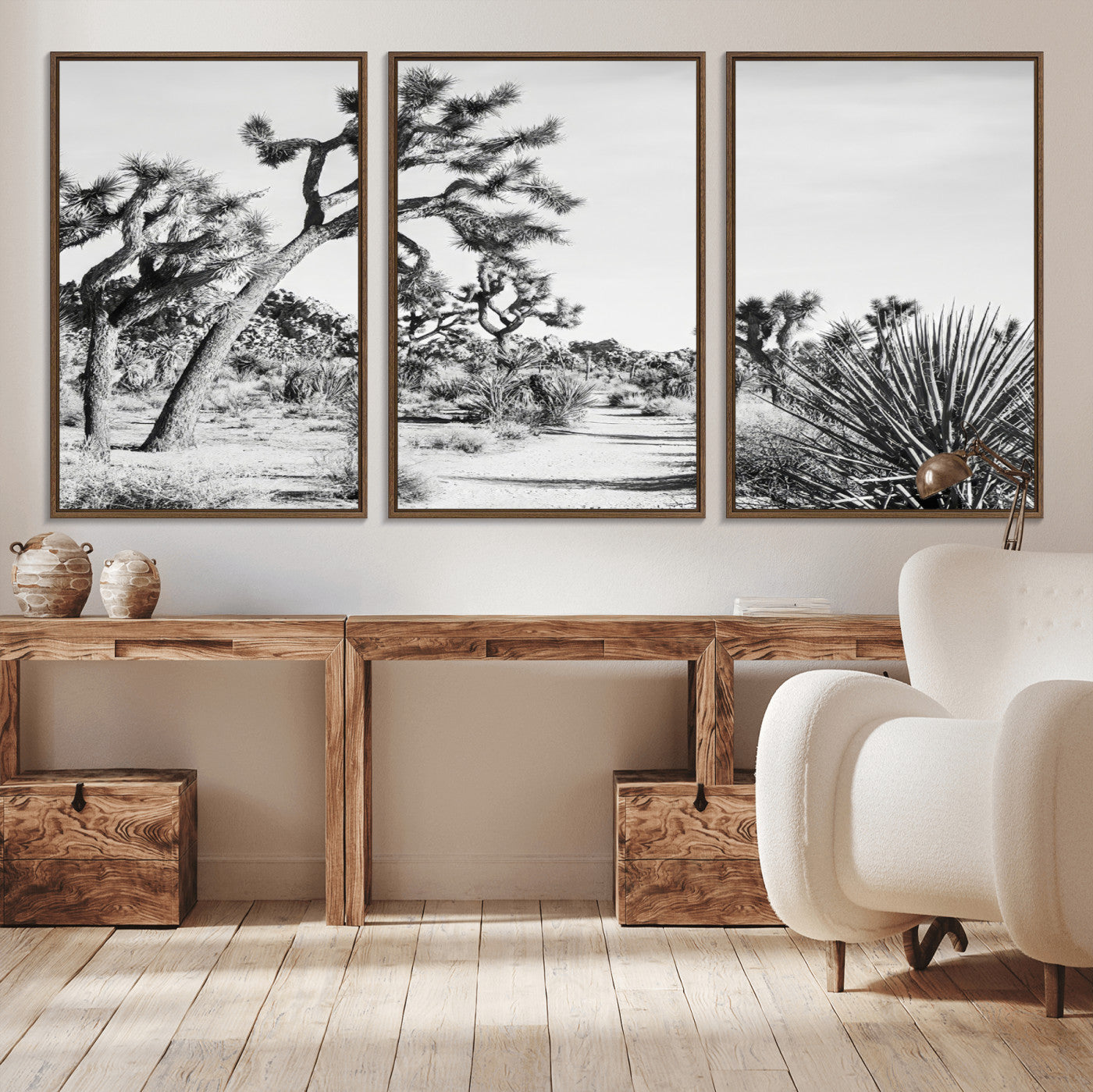 Canvas of a Joshua Tree forest in black and white tones, featuring a desert path and spiky vegetation, ideal for minimalist or rustic decor.