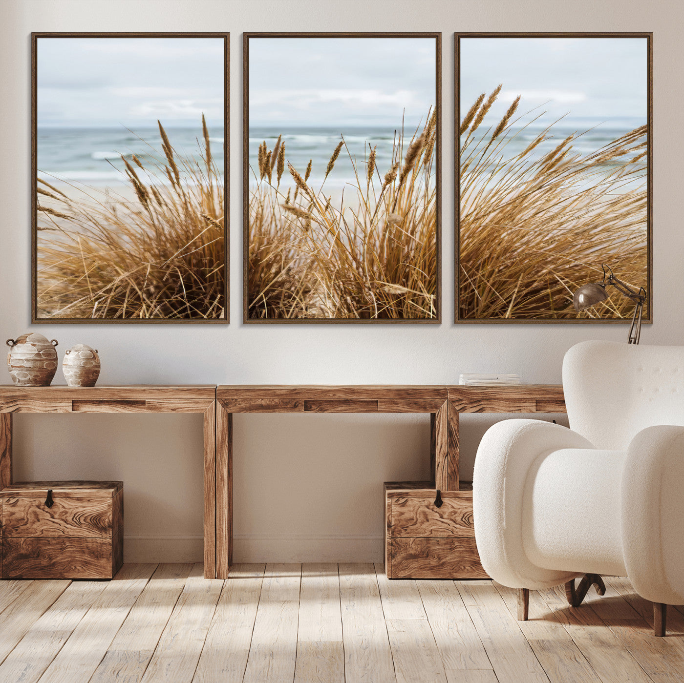 Canvas of golden beach grass swaying by the ocean under a soft cloudy sky, perfect for neutral-toned or coastal minimalist decor.