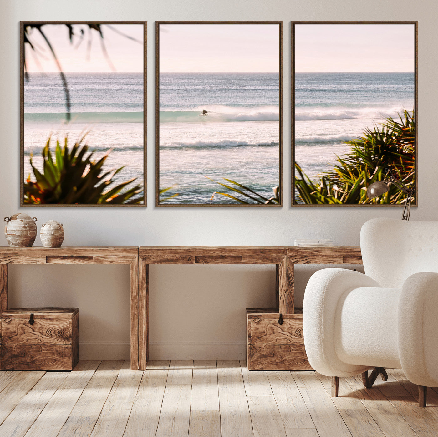 Canvas of a lone surfer riding a pastel wave at sunrise, perfect for tropical or coastal-themed spaces with a relaxed, airy vibe.