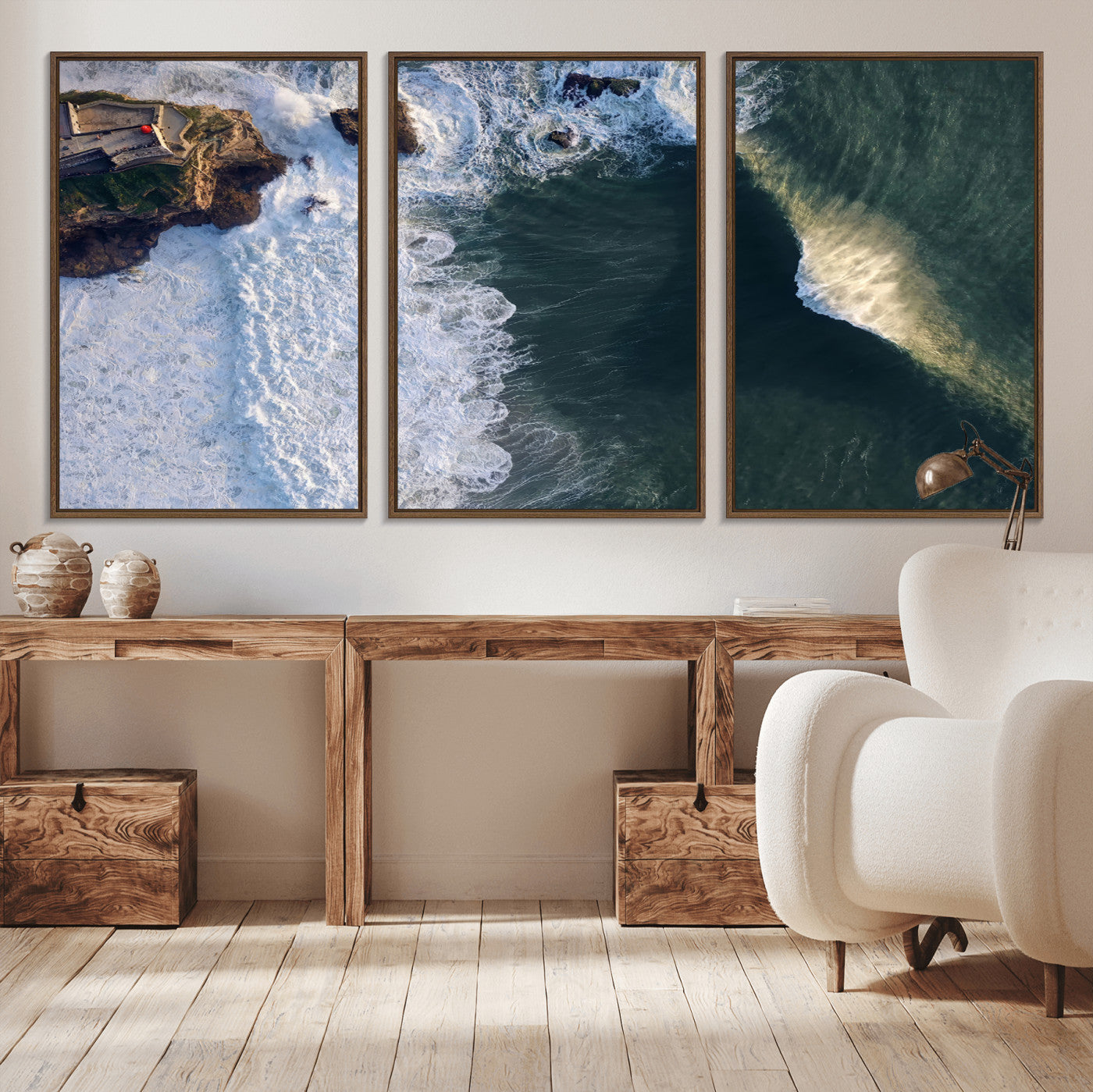 Canvas showing an aerial view of crashing waves along the Nazaré coastline, perfect for dramatic coastal or ocean-themed home decor.
