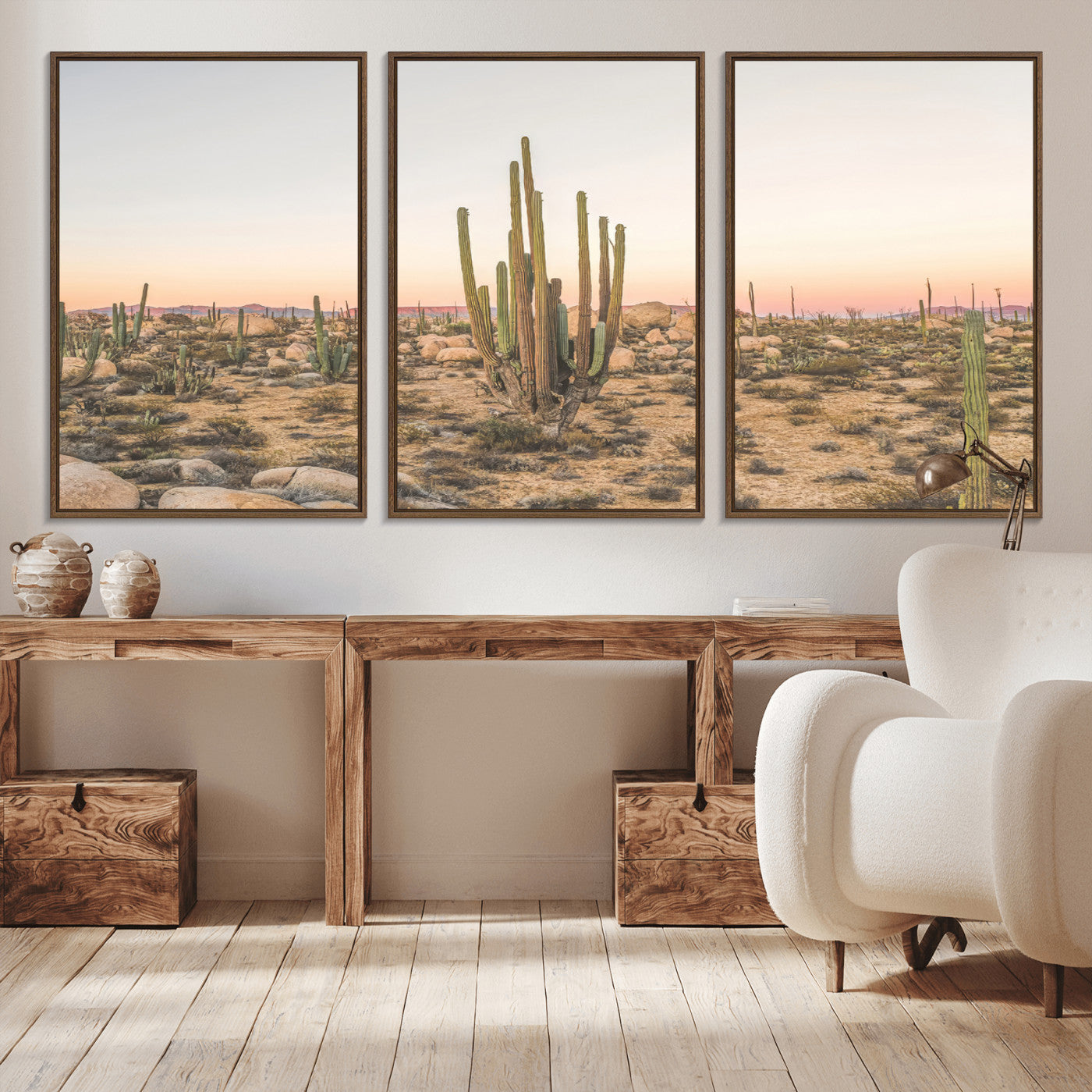 Canvas of tall desert cacti in warm sunset tones over a rocky Baja landscape, ideal for earthy or Southwestern-style home decor.
