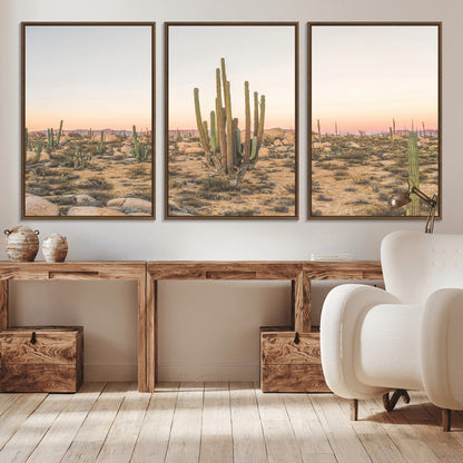 Canvas of tall desert cacti in warm sunset tones over a rocky Baja landscape, ideal for earthy or Southwestern-style home decor.
