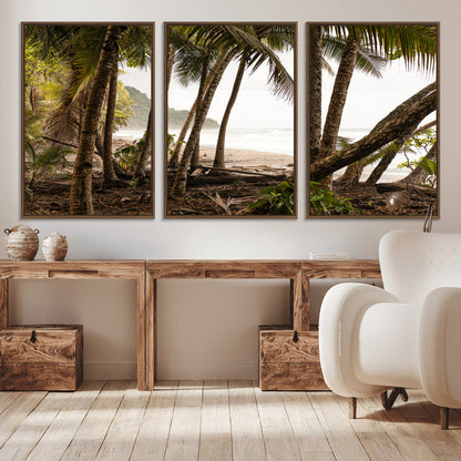 Dense tropical palm trees framing a sandy beach and ocean shore, ideal for jungle or coastal themed interior wall decor.