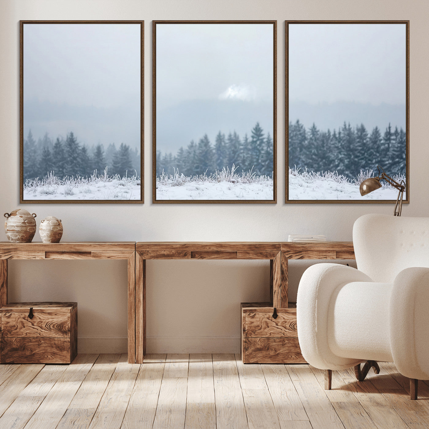 Snow-covered forest under misty sky, soft light breaking through clouds, ideal for minimalist or Nordic-inspired home decor.