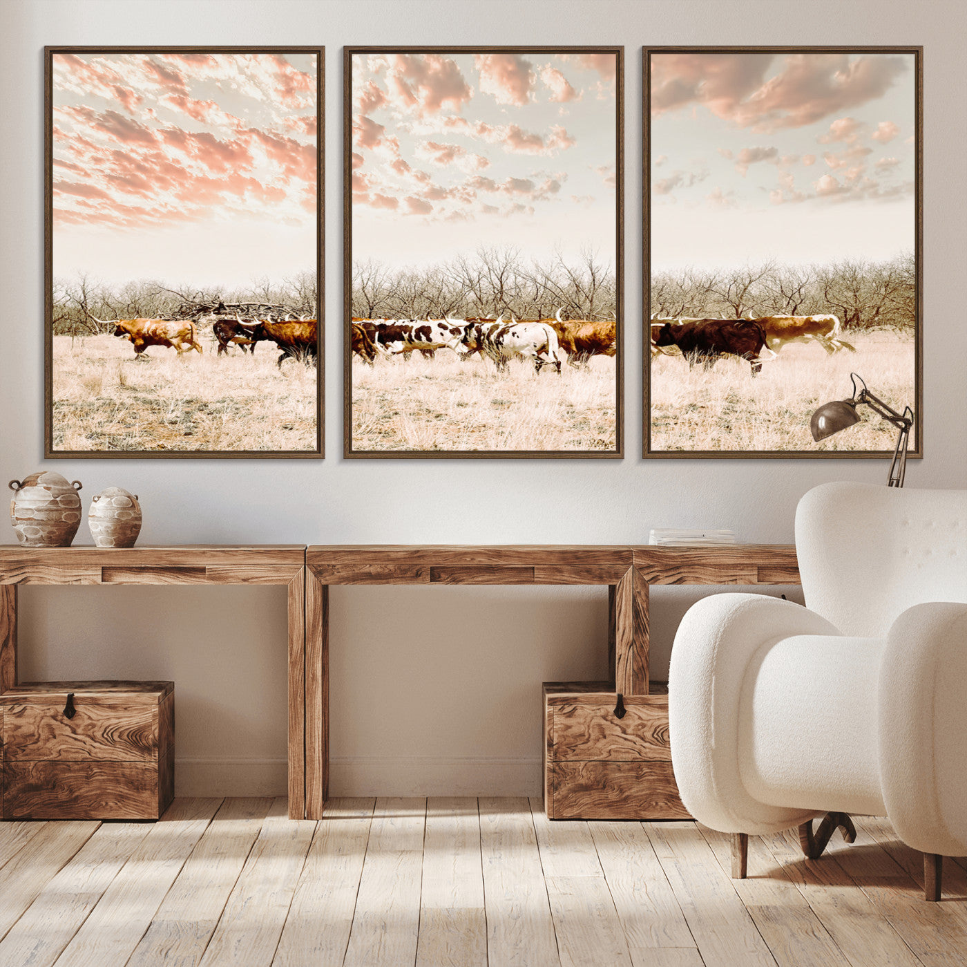 Cattle herd in a soft-toned field under a pastel pink sky, creating a peaceful rustic feel, perfect for farmhouse or western-themed spaces.