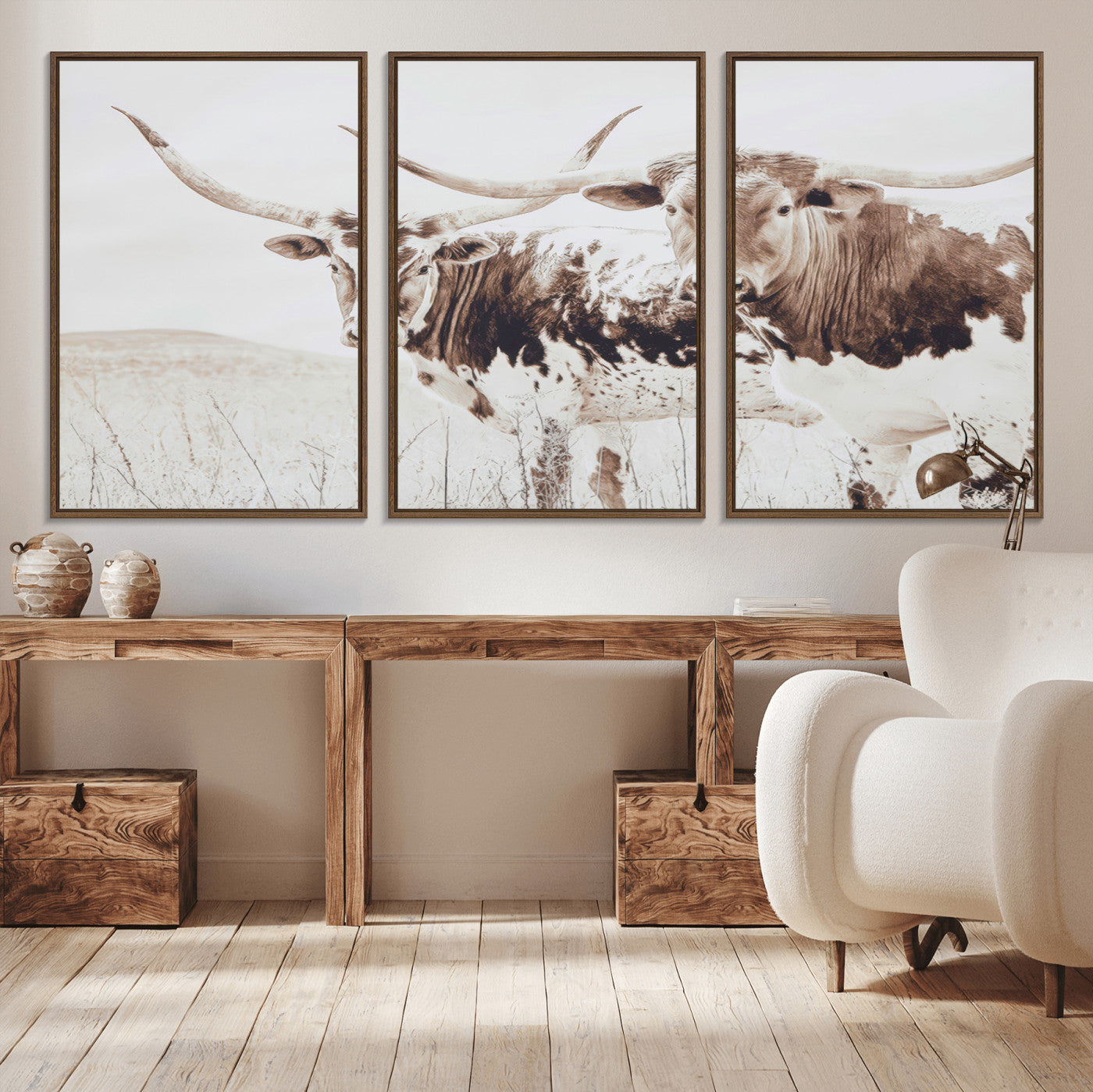 Two longhorn cows standing in a sepia-toned pasture with soft light, ideal for rustic or farmhouse-themed neutral wall decor.