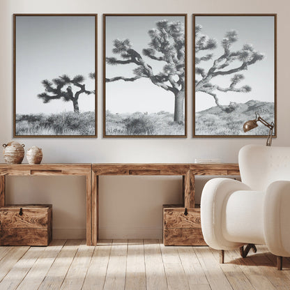 Black and white Joshua tree in a desert landscape with soft light and dry brush, perfect for rustic or minimalist home decor.