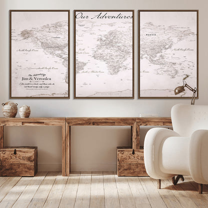 Customize Push Pin World Map Wall Canvas Print – Personalized Travel Map with Foam Pins – Framed Custom Quotie Canvas for Home Office Decor