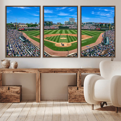 Wrigley Field Baseball Stadium Canvas Wall Art, Packed Crowd Sports Stadium Print, City Skyline Baseball Field Canvas for Game Room Decor