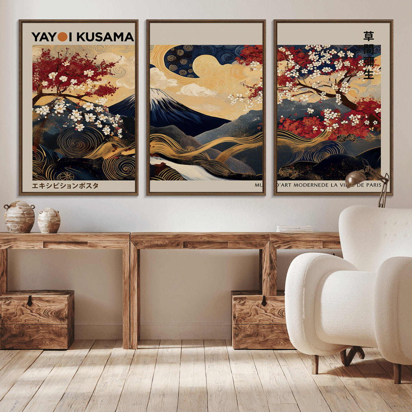 Yayoi Kusama's artwork featuring Mount Fuji, blooming cherry trees, and intricate swirls, blending traditional Japanese elements with vibrant color.