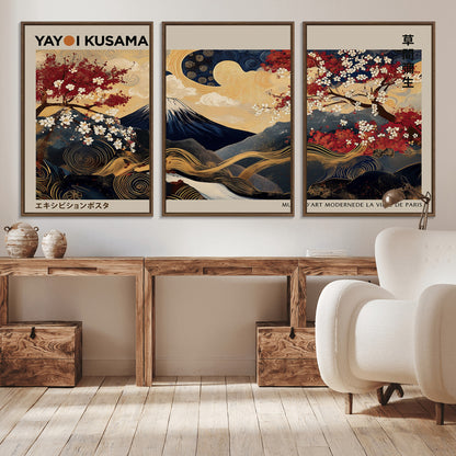 Yayoi Kusama's artwork featuring Mount Fuji, blooming cherry trees, and intricate swirls, blending traditional Japanese elements with vibrant color.