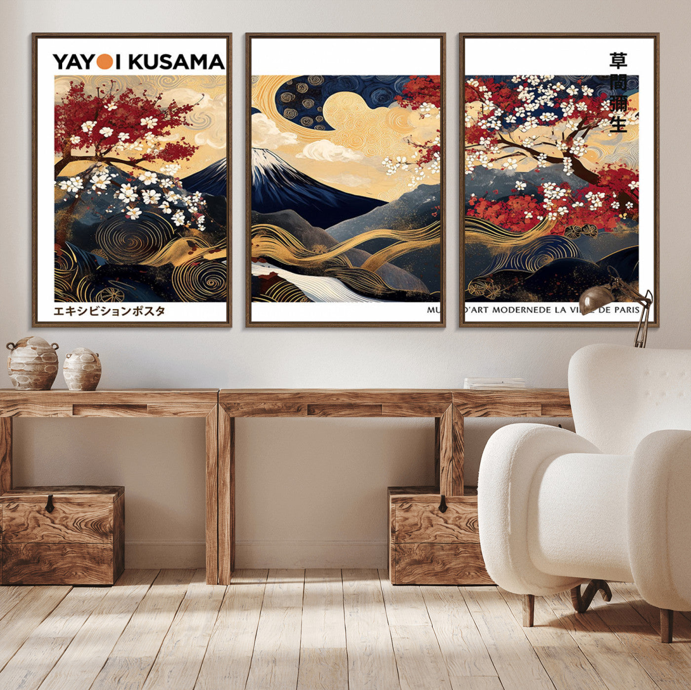 An artwork by Yayoi Kusama featuring Mount Fuji, blooming cherry blossoms, and swirling patterns in a harmonious blend of nature and art.
