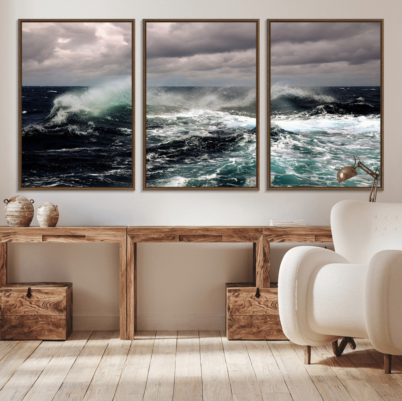 Powerful ocean waves crashing under stormy skies, creating a dynamic and intense seascape.
