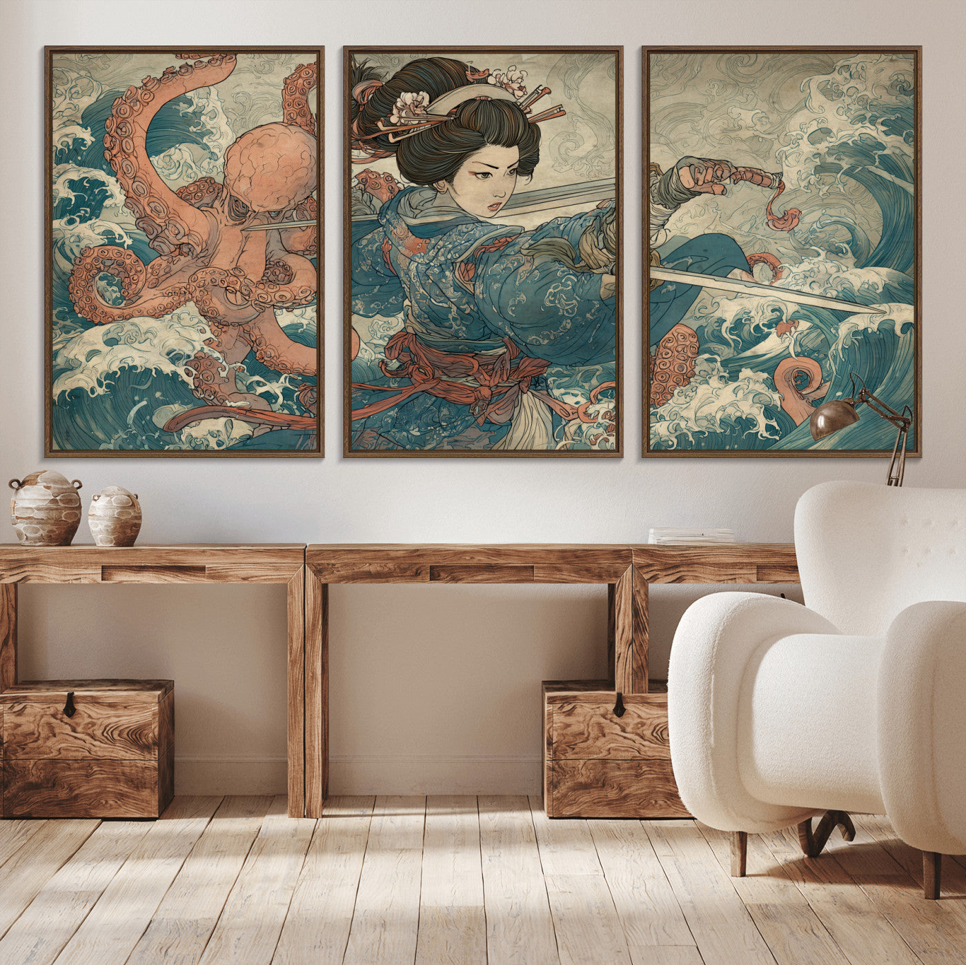 Tsukioka Yoshitoshi Samurai Wall Art Print, Japanese Katana Warrior Canvas Wall Art, Octopus Sea Monster Canvas Print,