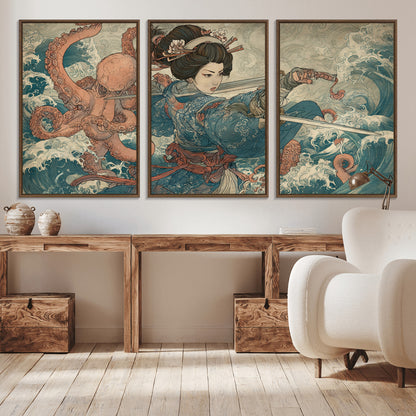 Tsukioka Yoshitoshi Samurai Wall Art Print, Japanese Katana Warrior Canvas Wall Art, Octopus Sea Monster Canvas Print,