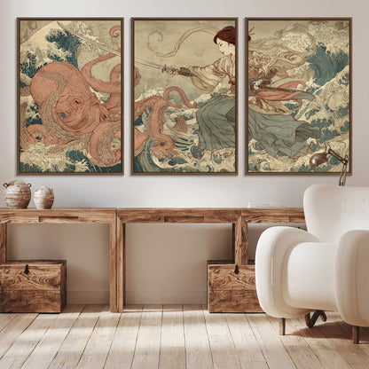 Tsukioka Yoshitoshi Samurai Wall Art Print, Japanese Katana Warrior Canvas Wall Art, Octopus Sea Monster Canvas Print,