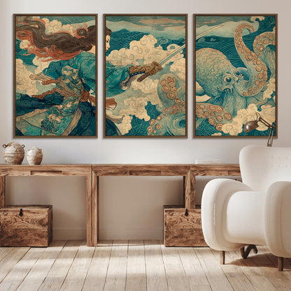 Tsukioka Yoshitoshi Samurai Wall Art Print, Japanese Katana Warrior Canvas Wall Art, Octopus Sea Monster Canvas Print,