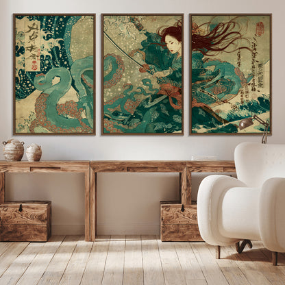 Tsukioka Yoshitoshi Samurai Wall Art Print, Japanese Katana Warrior Canvas Wall Art, Octopus Sea Monster Canvas Print,