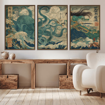 Tsukioka Yoshitoshi Samurai Wall Art Print, Japanese Katana Warrior Canvas Wall Art, Octopus Sea Monster Canvas Print,