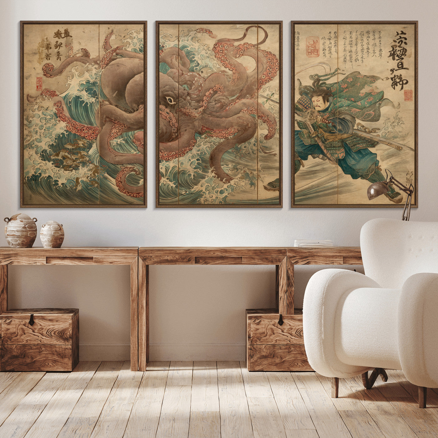 Tsukioka Yoshitoshi Samurai Wall Art Print, Japanese Katana Warrior Canvas Wall Art, Octopus Sea Monster Canvas Print,