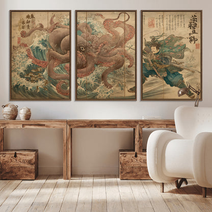 Tsukioka Yoshitoshi Samurai Wall Art Print, Japanese Katana Warrior Canvas Wall Art, Octopus Sea Monster Canvas Print,