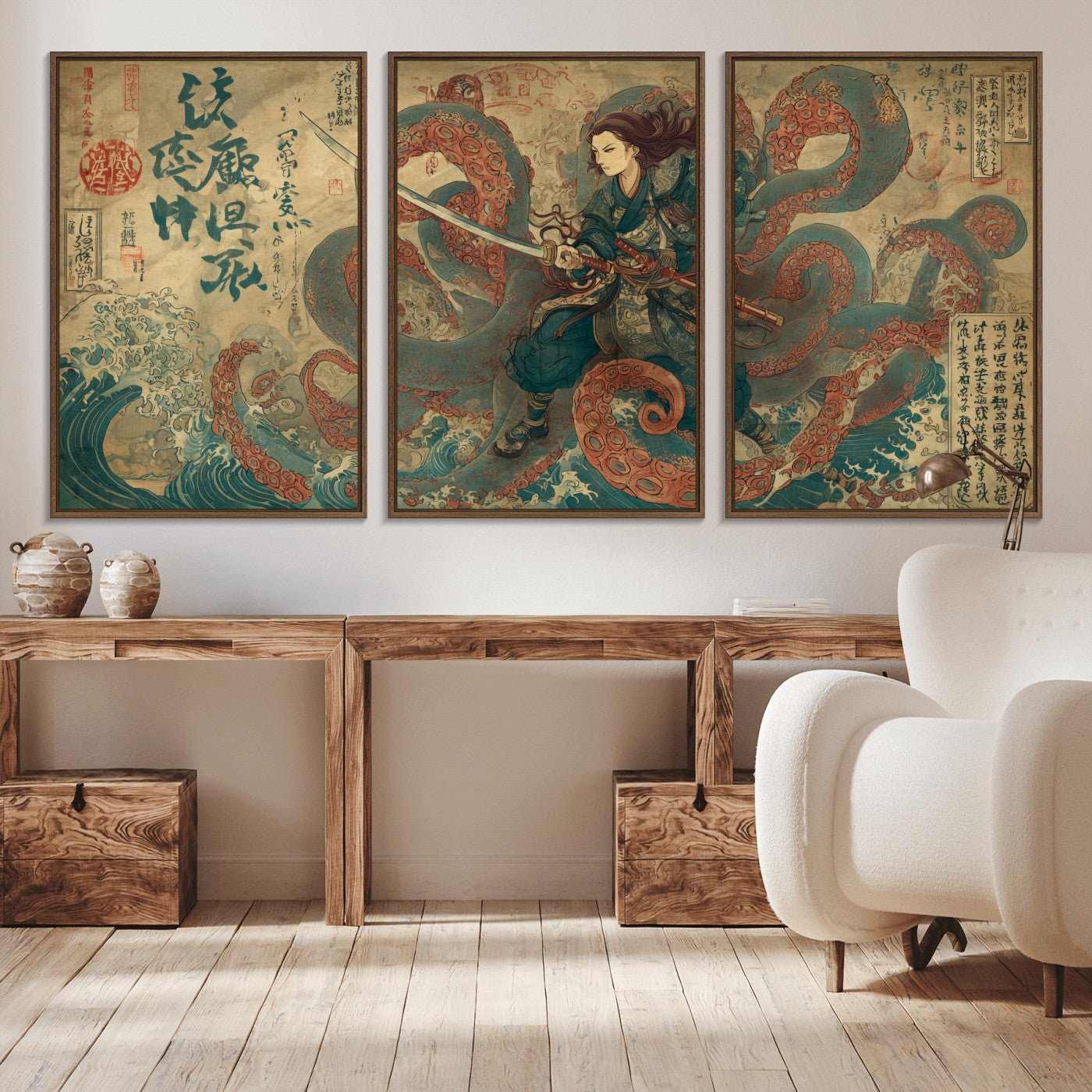 Tsukioka Yoshitoshi Samurai Wall Art Print, Japanese Katana Warrior Canvas Wall Art, Octopus Sea Monster Canvas Print,