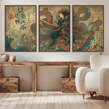 Tsukioka Yoshitoshi Samurai Wall Art Print, Japanese Katana Warrior Canvas Wall Art, Octopus Sea Monster Canvas Print,