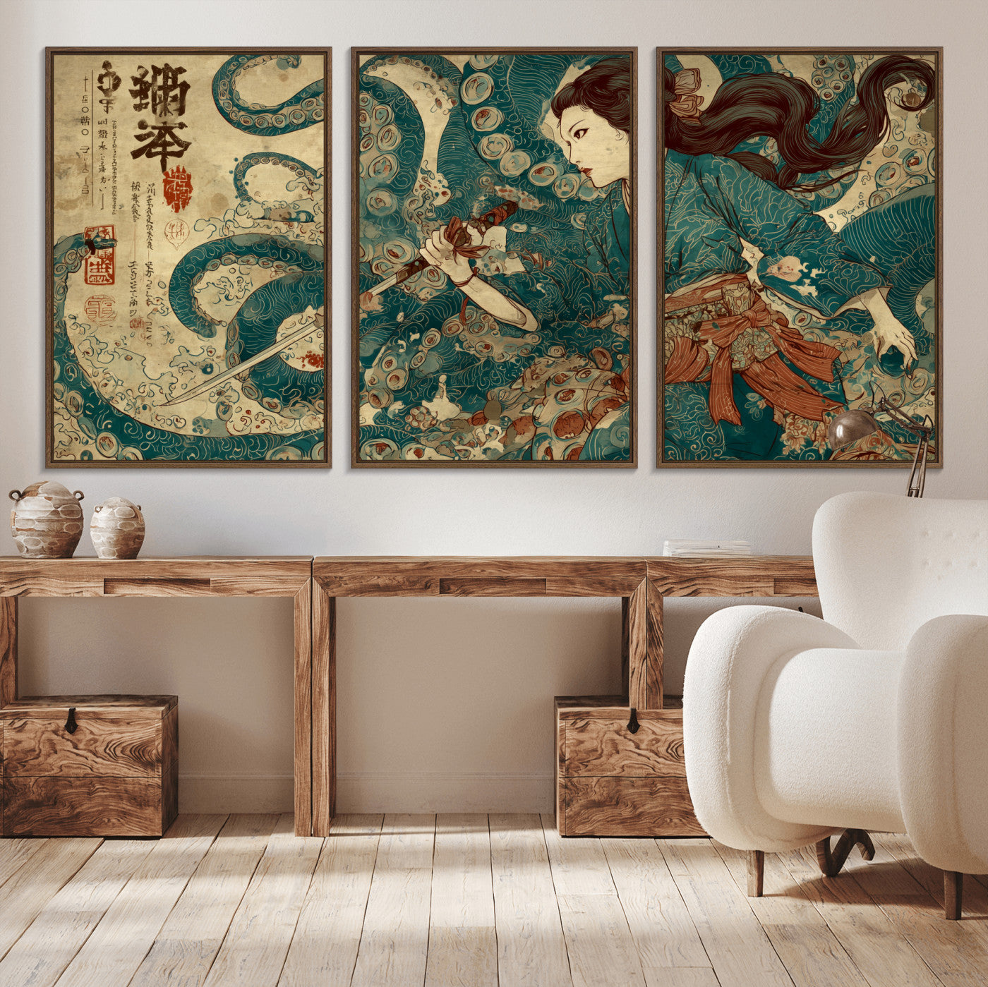 Tsukioka Yoshitoshi Samurai Wall Art Print, Japanese Katana Warrior Canvas Wall Art, Octopus Sea Monster Canvas Print,