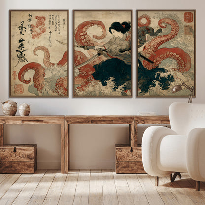 Tsukioka Yoshitoshi Samurai Wall Art Print, Japanese Katana Warrior Canvas Wall Art, Octopus Sea Monster Canvas Print,