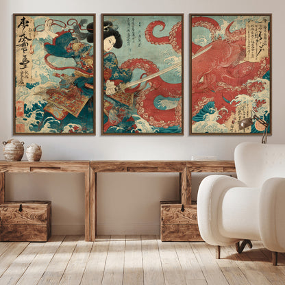 Tsukioka Yoshitoshi Samurai Wall Art Print, Japanese Katana Warrior Canvas Wall Art, Octopus Sea Monster Canvas Print,
