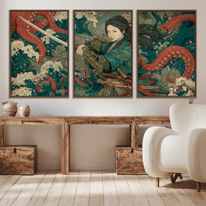 Tsukioka Yoshitoshi Samurai Wall Art Print, Japanese Katana Warrior Canvas Wall Art, Octopus Sea Monster Canvas Print,