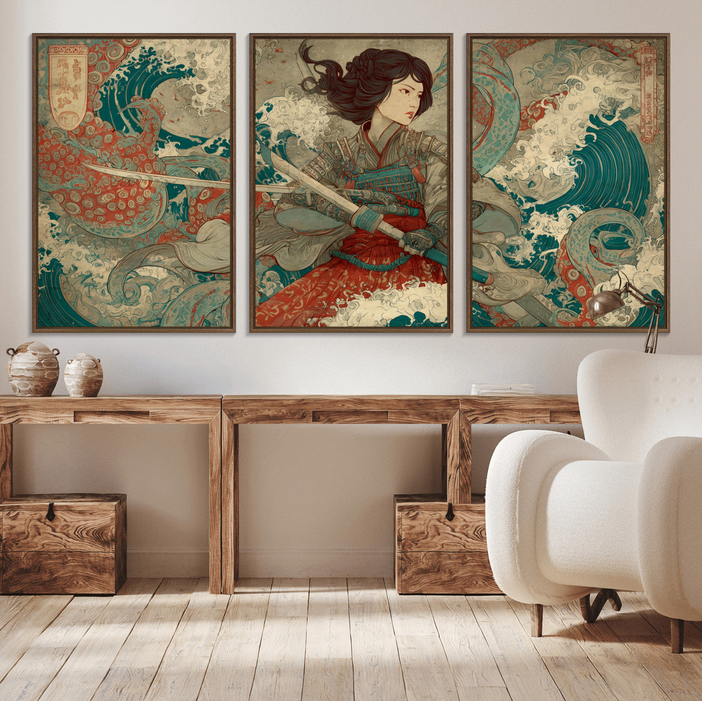 Tsukioka Yoshitoshi Samurai Wall Art Print, Japanese Katana Warrior Canvas Wall Art, Octopus Sea Monster Canvas Print,