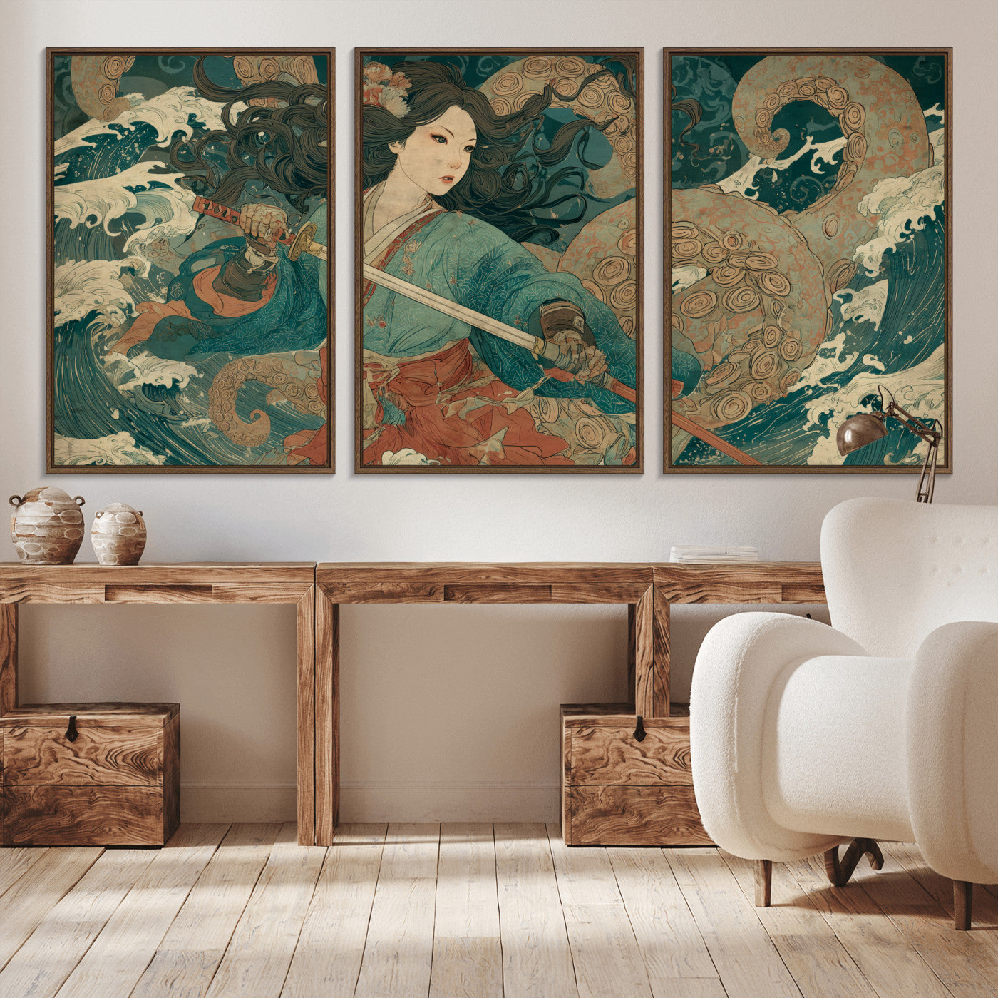 Tsukioka Yoshitoshi Samurai Wall Art Print, Japanese Katana Warrior Canvas Wall Art, Octopus Sea Monster Canvas Print,
