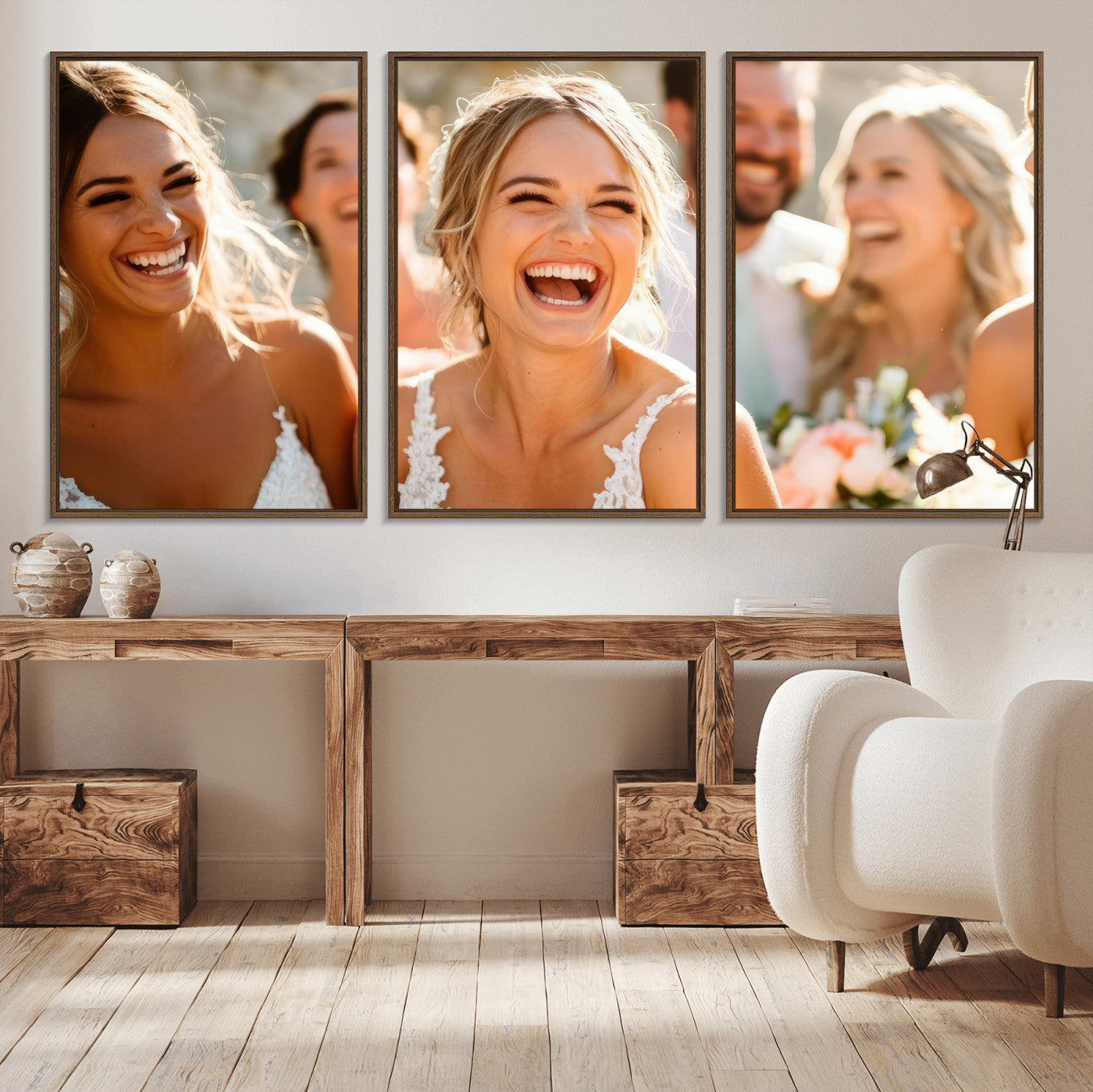 MGV-FC-60X30-3P - Joyful Wedding Wall Art – Laughing Bride and Bridesmaids Canvas Print, Romantic Celebration Photography Decor for Bedroom, Living Room, or Wedding Gift