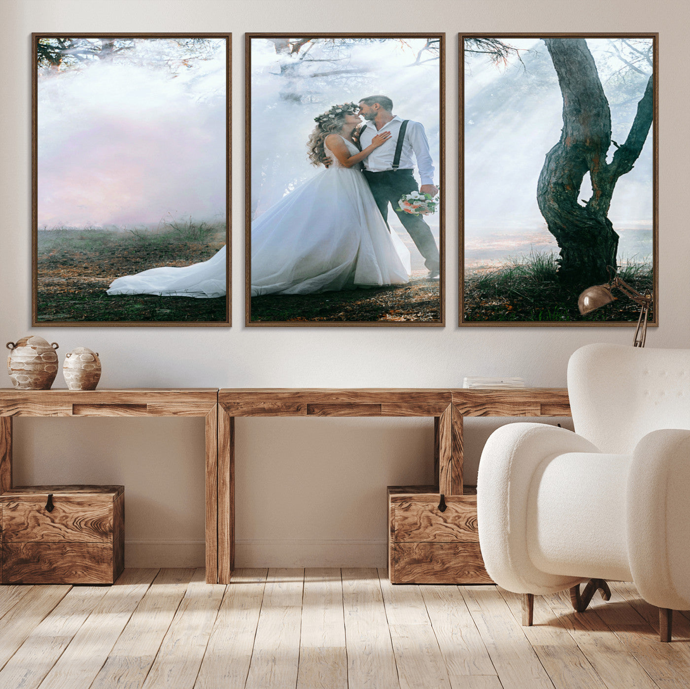 MGV-FC-60X30-3P - Forest Wedding Wall Art – Romantic Bride and Groom Canvas Print, Enchanted Woodland Photography Decor for Bedroom, Living Room, or Wedding Gift