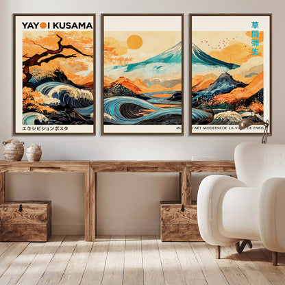 Modern Japanese-style art print featuring a stylized Mount Fuji, flowing waves, and vibrant landscapes in bold colors, inspired by traditional and contemporary aesthetics.