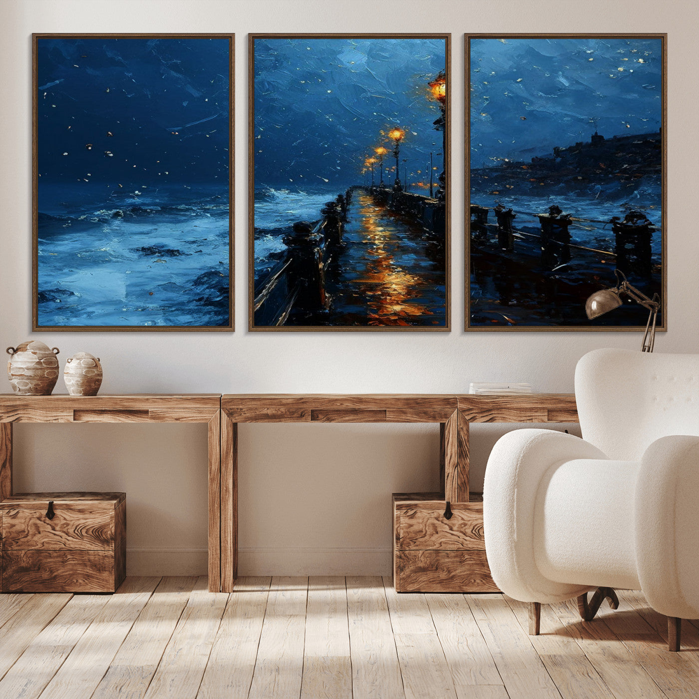 "Impressionistic painting of a rainy pier at night with glowing street lamps reflecting on the wet surface, ocean waves crashing under a dark blue sky."