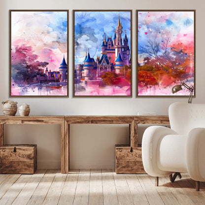 Watercolor canvas of a dreamy Disney-style castle in pastel pink and blue tones, perfect for fairytale or whimsical home decor.