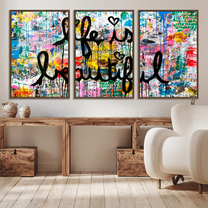 Colorful urban-style canvas with graffiti text “Life is Beautiful” in black paint, ideal for bold or street-themed home decor.