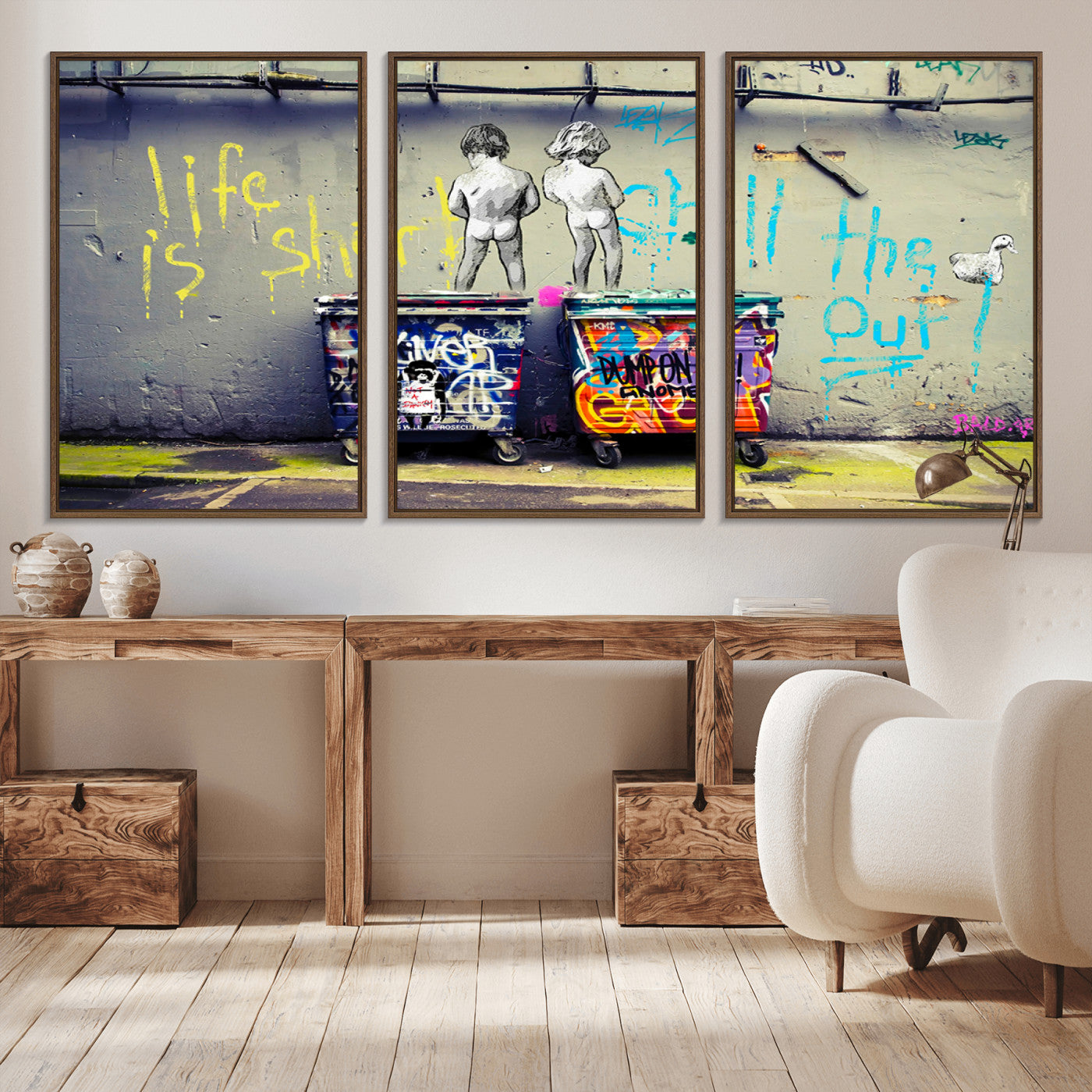Graffiti-style canvas art with bold text and two naked figures over urban dumpsters, ideal for edgy or street-style decor.