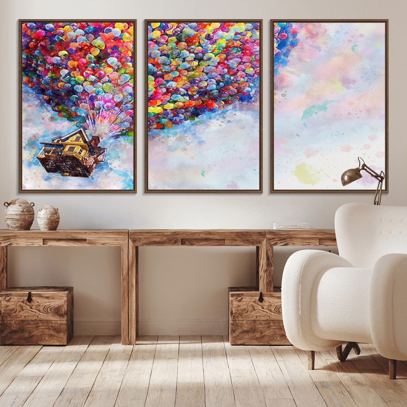 Whimsical canvas of the house from the movie Up flying with colorful balloons, ideal for Pixar or animation-themed decor.