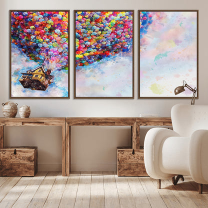 Whimsical canvas of the house from the movie Up flying with colorful balloons, ideal for Pixar or animation-themed decor.