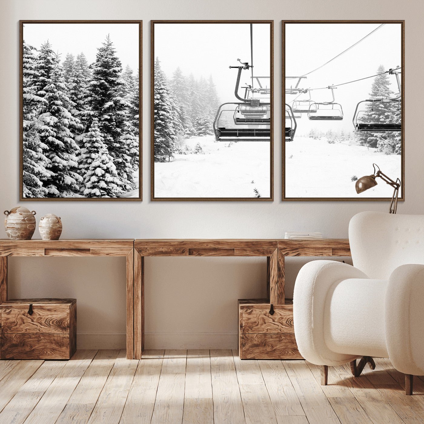 Black and white canvas of empty ski lifts over a snowy pine forest, perfect for minimal winter or ski lodge-inspired decor.